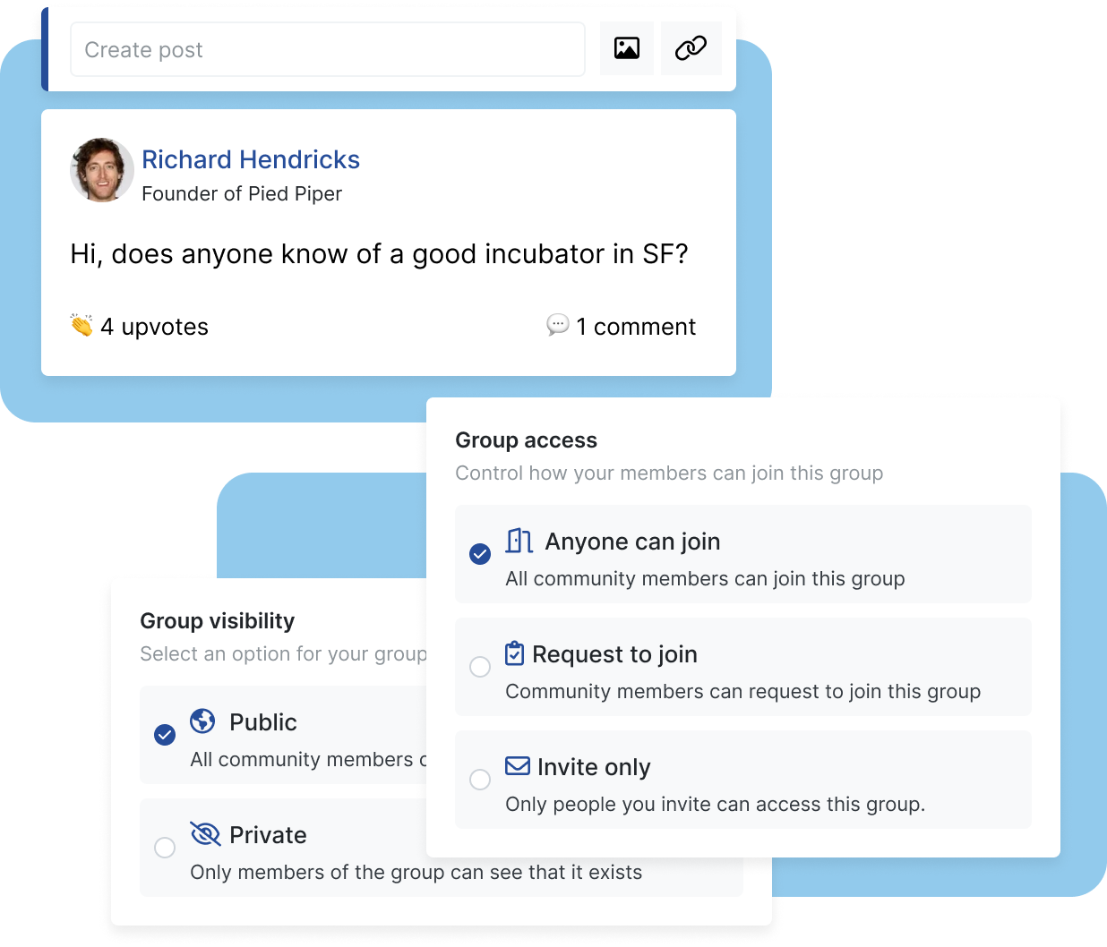Discussion board post beside settings panels showing options to control group access and visibility