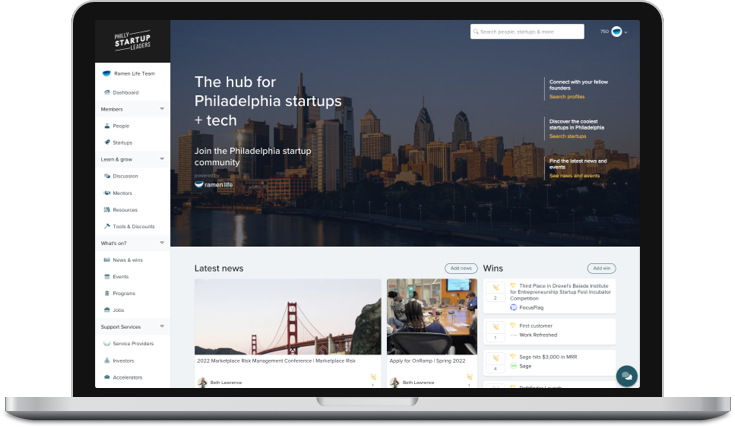 Startup ecosystem platform dashboard